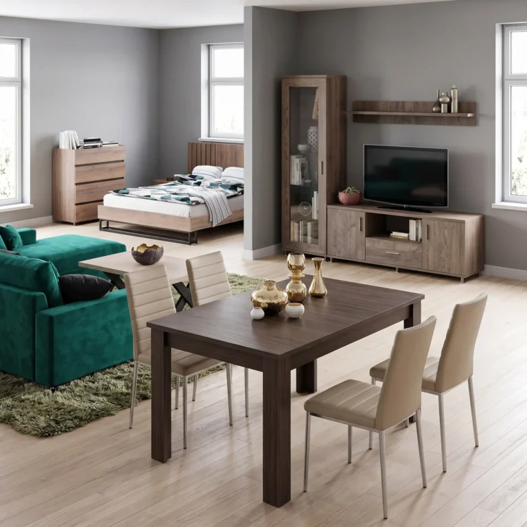 Open-plan living and dining area with a dark wood dining table and beige chairs, a teal sofa, and light wood flooring.