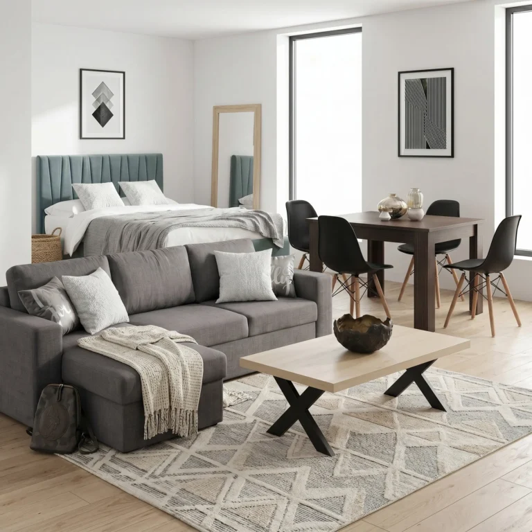 Contemporary open-plan living area with a gray sofa, soft pillows, a light patterned rug, and a wooden coffee table beside a dining table and black chairs.