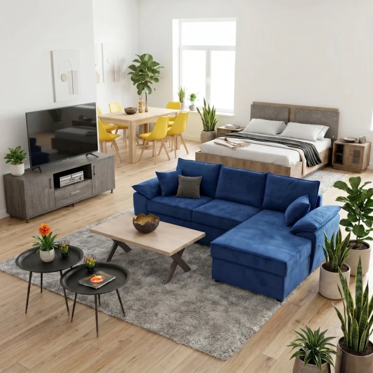 Bright open living area with a blue sectional sofa, gray rug, wooden coffee table and several potted plants.