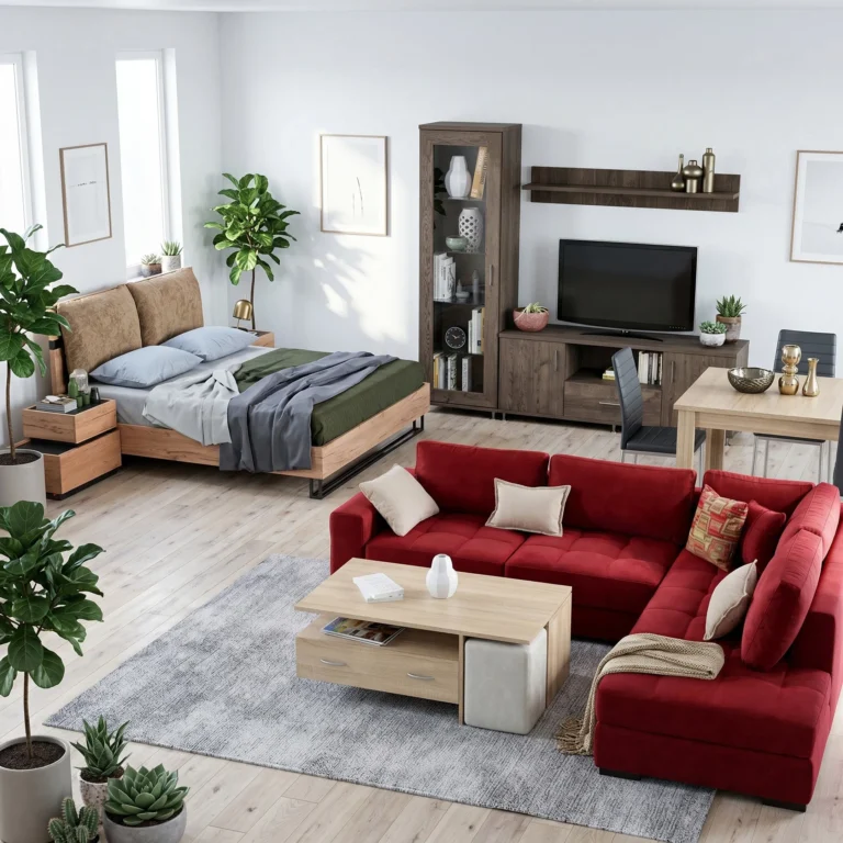 Contemporary living room with a red sectional sofa, light wood coffee table, and tall wooden cabinet, surrounded by green plants and a TV stand.