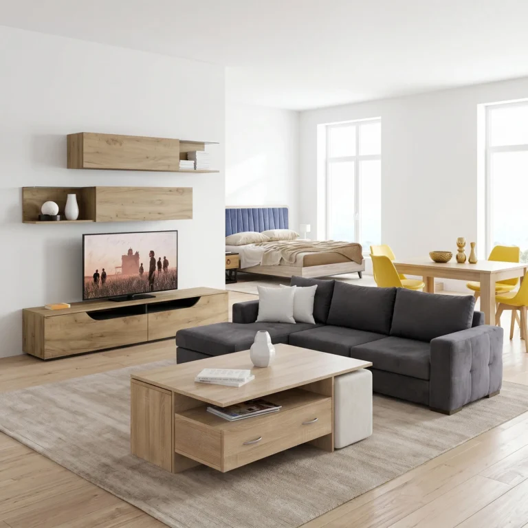 Bright living room with light wood shelves, a TV on a wooden cabinet, and a gray sofa on a beige rug in a sunny space.