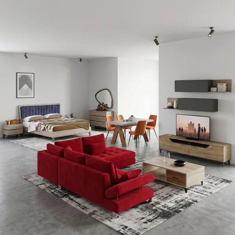 Bright modern living room with a red sectional sofa, wood furniture, and track lighting atop light gray walls.
