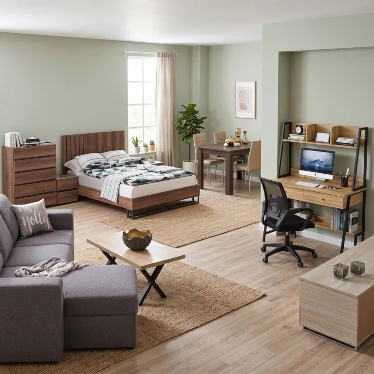 Modern bedroom and study area with wooden bed, dresser, and desk against sage walls, large window, and houseplants.